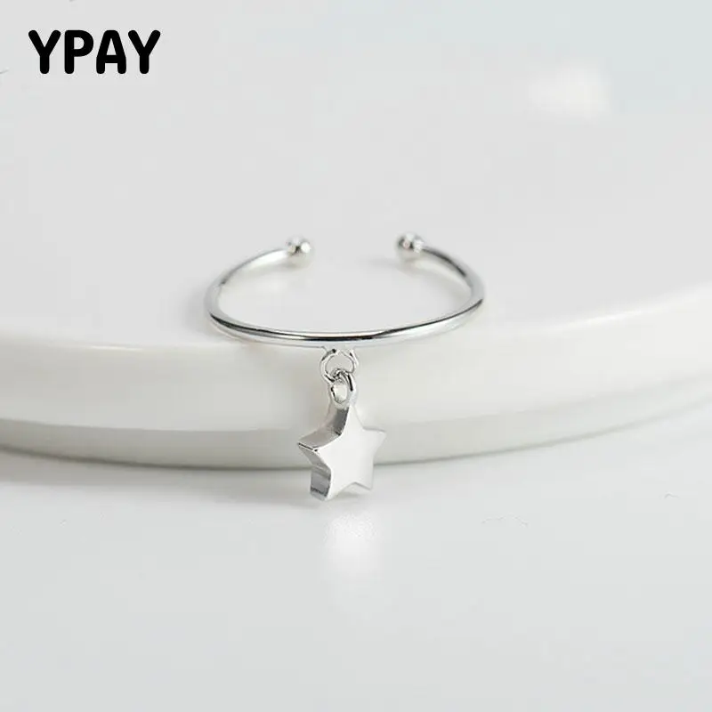 

YPAY Japan Popular Simple Finger Rings for Girls Ladies 100% Real 925 Sterling Silver Star Adjustable Open Ring Jewelry YMR443