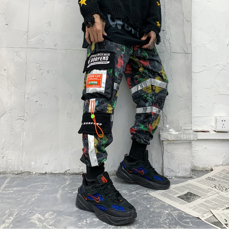 Men Patchwork Pocket Cargo Pants Contrast Color Harem Joggers Pants Harajuku Sweatpant Hip Hop Trousers Casual Men Streetwear
