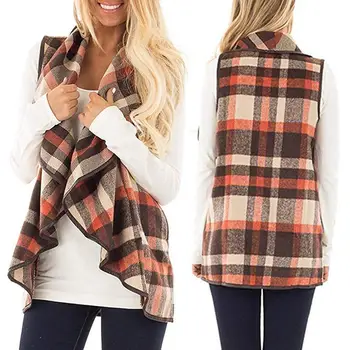 

Plaid Print Waistcoat Women Irregular Draped Open Front Sleeveless Vest Coat Easy to match with any tops and pants