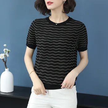 

Fashionable casual loose wave pattern knitted short-sleeved T-shirt women