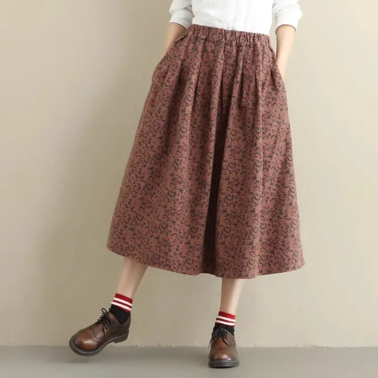 

Spring And Autumn New Products Retro Cotton Skirt Mid-length Loose-Fit Versatile Printed A- line Pleated Skirt Big Skirt S7109