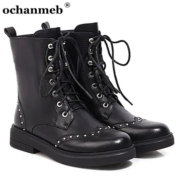 

Size 34-43 Lady Punk Rivets Cutout Brogue Boots Shoes Women's Lace up Combat Army Military Boots Female Fall Winter Shoes Black