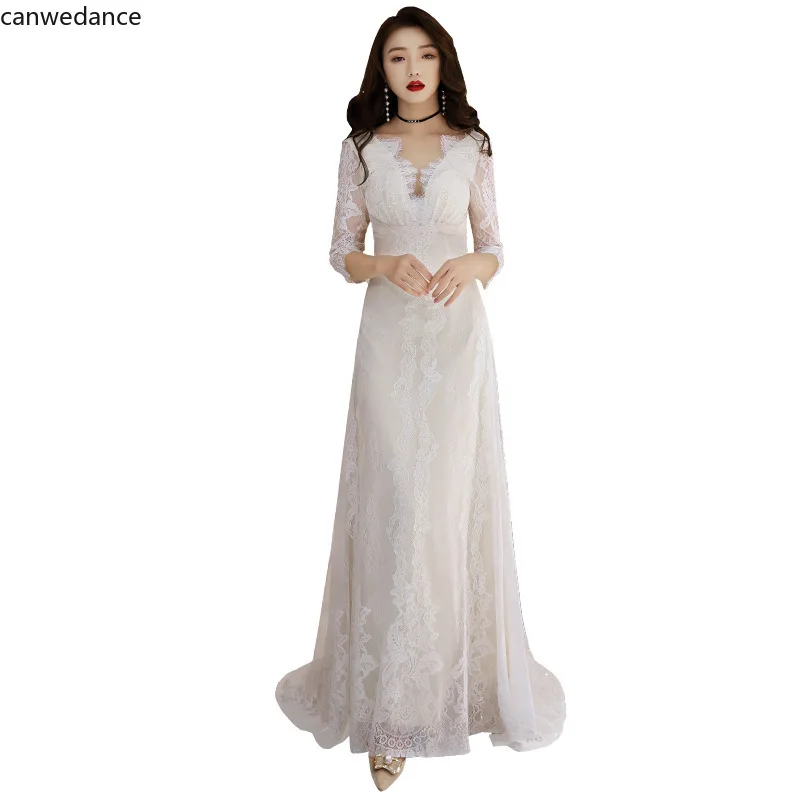 

2020 New White Dress Female Spring Bride Toast Dinner Annual Meeting Wedding Host Long Sleeve Elegant Small Simple Generous