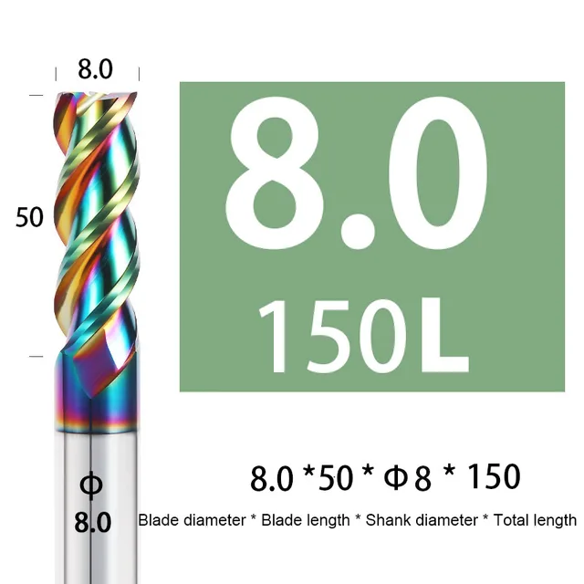 Colorful End Mill Aluminium HRC55 3F Milling Cutter Acrylic Wood Copper Plastic Cutting Tool CNC Maching Milling Tools Endmils 8X50XD8X150L