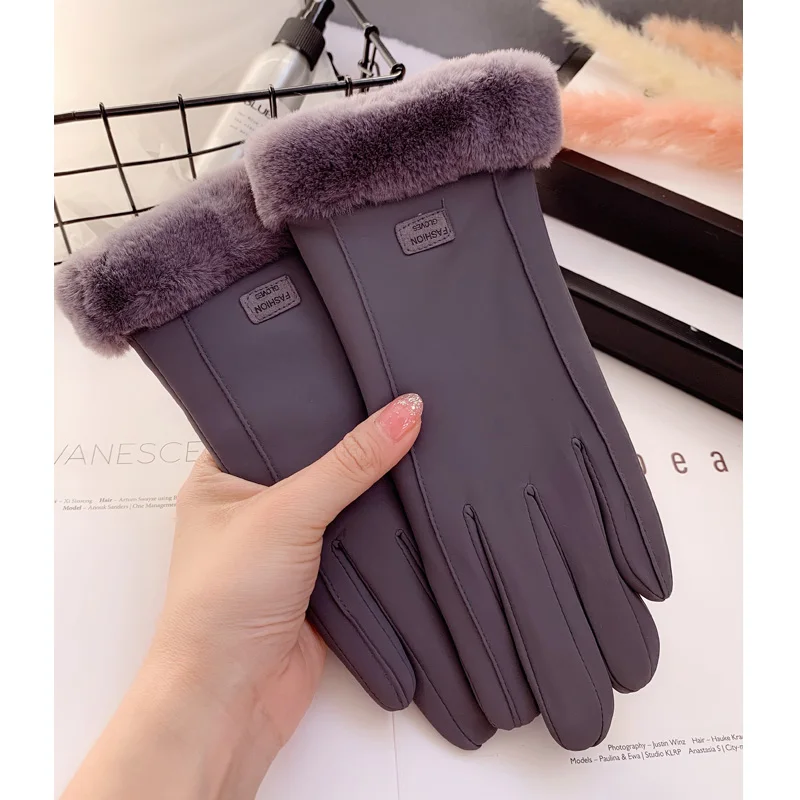 Winter leather gloves female cute students plus velvet thickening Japanese touch screen bike windproof cold weather warm gloves