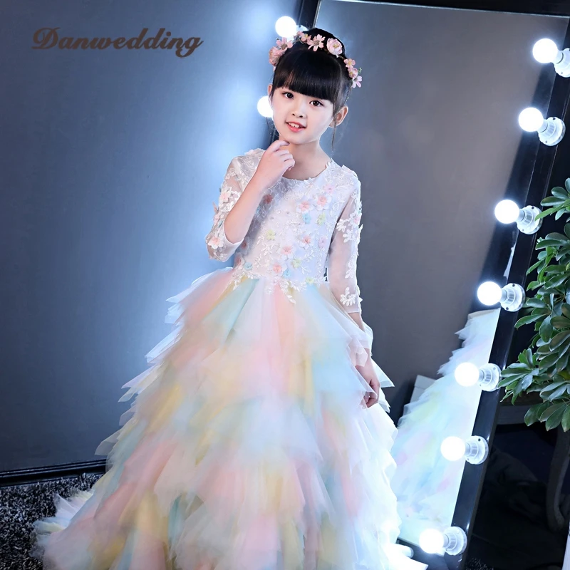 Gorgeous Princess Pageant Evining Dress Cascading Ruffles Flowers Girl Dress For Wedding First Communion Dress For Girls
