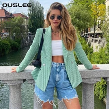 

OUSLEE Women Fashion Slim New Blazer Plaid Printing Double-Breasted Long Sleeve Coat Ladies Office Blazers Casual Suit Jacket