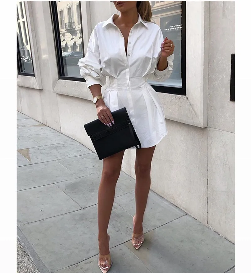 Donne del Vestito Camicia Bianca A Manica Lunga Solid Stretto In Vita Gira  giù la Camicia Del Collare del Vestito - AliExpress Women's Clothing
