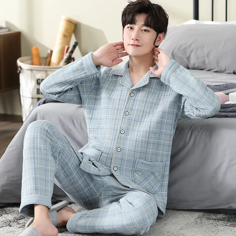 

Autumn and Winter Men's Pajamas Warm Interlayer Thickened Long-sleeved Air Cotton Men's Plus Size Home Service Thin Quilted Suit