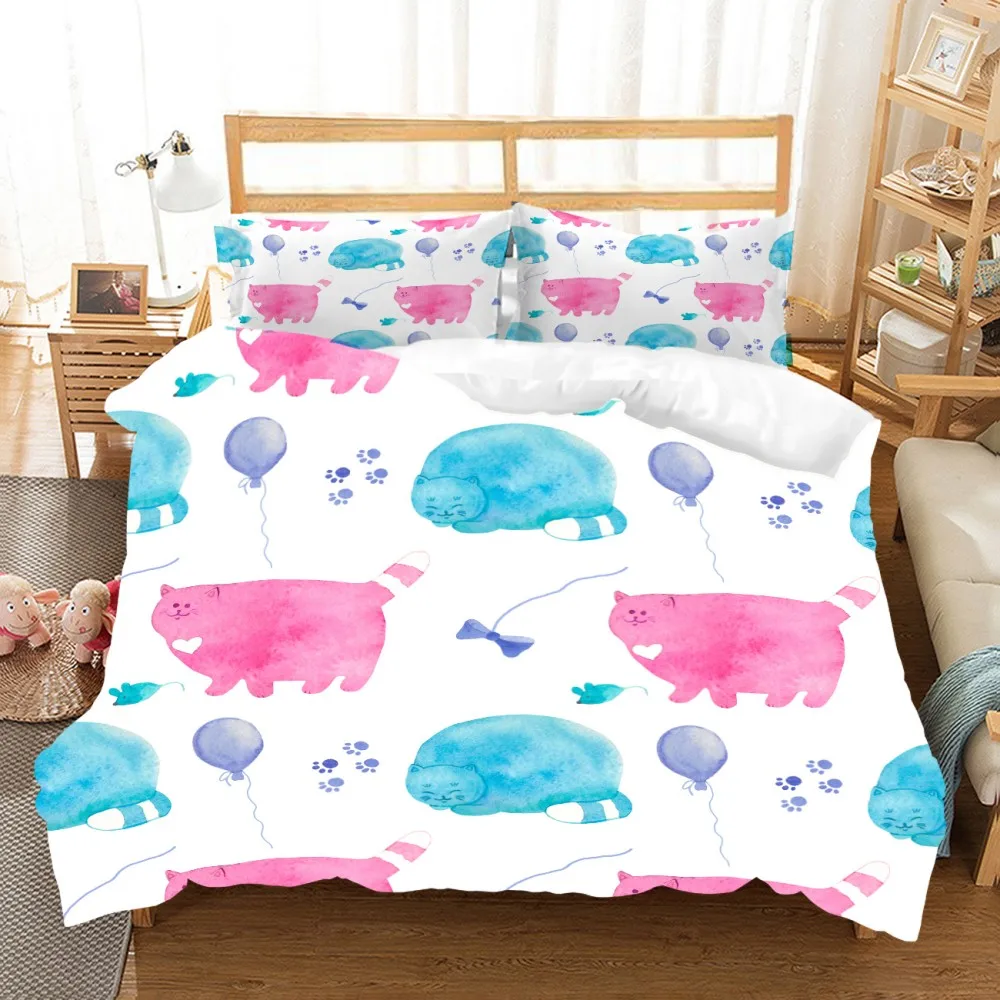 Pink Blue Cats White Bedding Set With Pillowcase Balloon Cartoon
