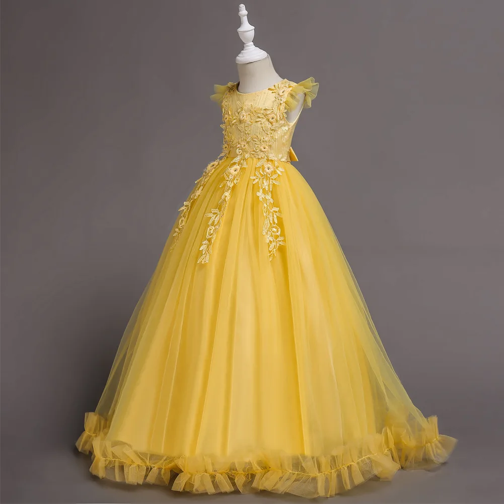 Детские платья для девочек с цветочным узором; нарядные платья для церемоний; Элегантное Длинное Пышное Платье для девочек; желтое платье для выпускного вечера; X089