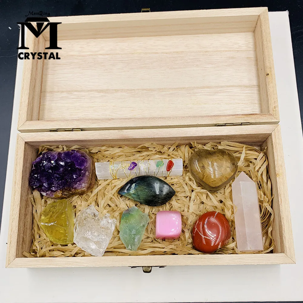 

Natural rough crystal stone gemstone mineral specimen healing Reiki quartz rock Amethyst cluster Citrine Wooden box suit gift