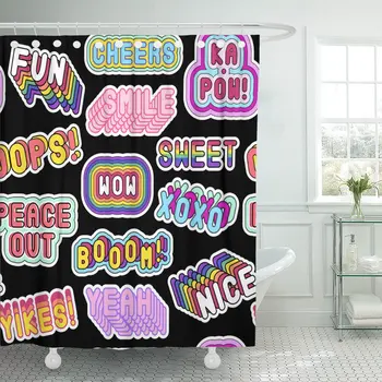 

Patches Badges Pins Words Nice Cheers XOXO Peace Out Shower Curtain Polyester 72 x 78 inches Set with Hooks