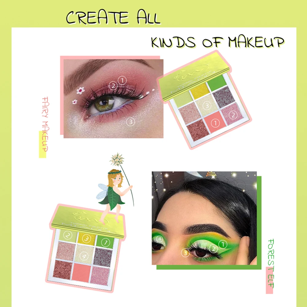 MIAOOL Makeup Eyeshadow Pallete Makeup Brushes 9 Color Shimmer Pigmented Fluorescent green diamond sequin eye shadow MIAOOL Makeup Eyeshadow Pallete Makeup Brushes 9 Color Shimmer Pigmented Fluorescent green diamond sequin eye shadow