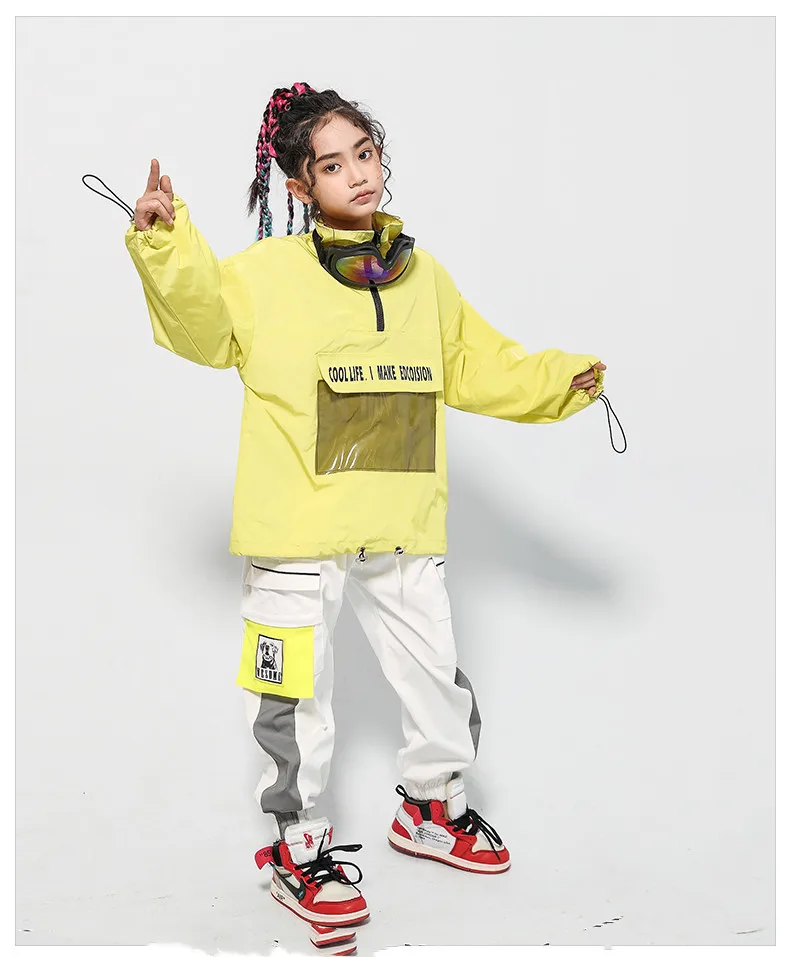 2019 Children's Street Dance Suit Loose Green Jacket White Pants Set Kids Girls Boys Hip Hop Jazz Costumes for Stage Performance (11)