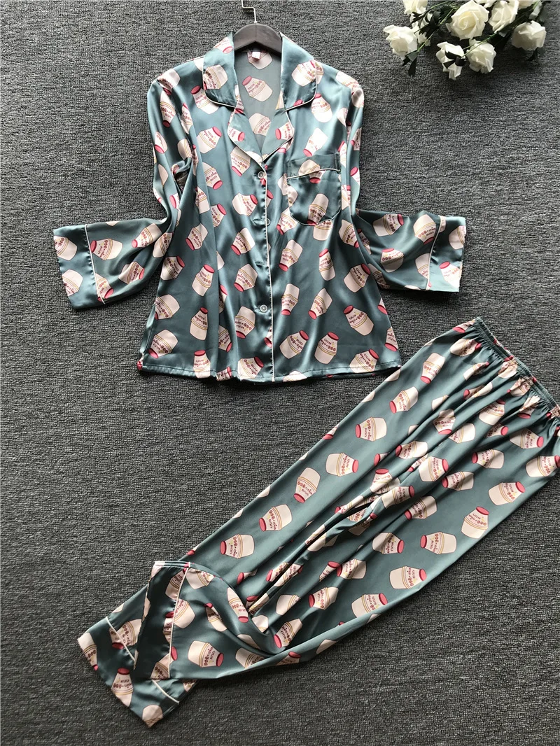 yaqingnaiping Женская пижама из тонкой ткани, шелковая атласная пижама с длинным рукавом, весна-лето, пижама с цветочным принтом - Цвет: yaqingnaiping