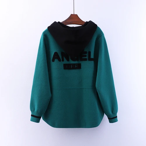Новинка; сезон весна-осень; женские кардиганы; свитера; однобортная куртка с капюшоном и надписью сзади; пальто из норки и кашемира; вязаная верхняя одежда для студентов - Цвет: Green