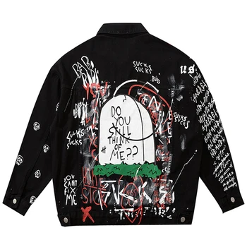 

Black Denim Jackets Streetwear Washed HipHop 2020Autumn Mens Vintage Punk Rock Letter Printed Male Button Oversize Ripped Jacket