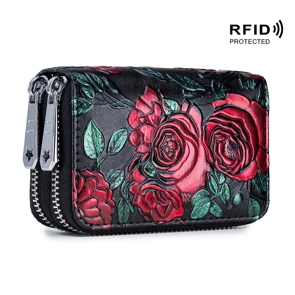 RFID Blocking Women Card Holder Split Leather Double Zipper Card Case