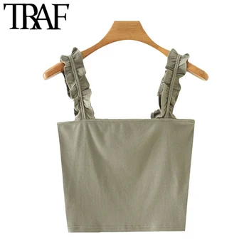 

TRAF Women Sweet Fashion Solid Ribbed Cropped Tank Tops Vintage Sleeveless Ruffles Straps Female Camis Top Mujer