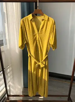

100% Viscose Polka Dot 2020 Yellow Women's Dress Simple Ladies Knee-length Beach Dress With Sashes Female Clothes For Summer