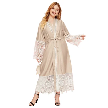 

Siskakia Fashion lace embroidered Cardigan Abaya Ramadan Eid Plus Size Arabic Turkey Marocain Muslim Kimono Abaya Khaki 2020 New