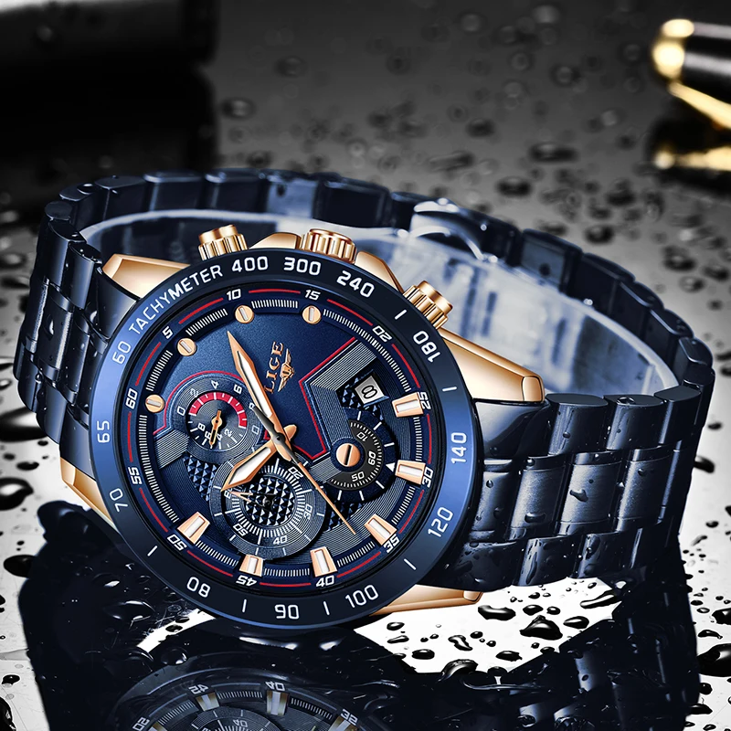 Lige Business Men Watch Luxury Brand Stainless Steel Wrist Watch Chronograph Army Military Quartz-3