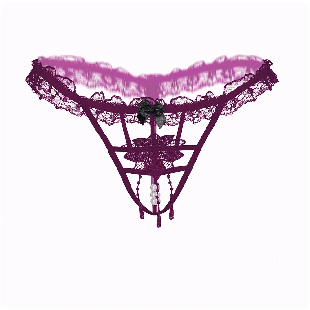 purple Женские кружевные стринги с жемчужинами и кисточками, стринги, женские стринги, экзотическое нижнее белье - Цвет: purple