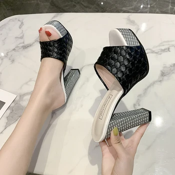 

Rimocy 2020 Summer Women Slippers Black White Leather 11.5cm High Heels Mules Platform Outside Woman Sandals Sexy Ladies Shoes