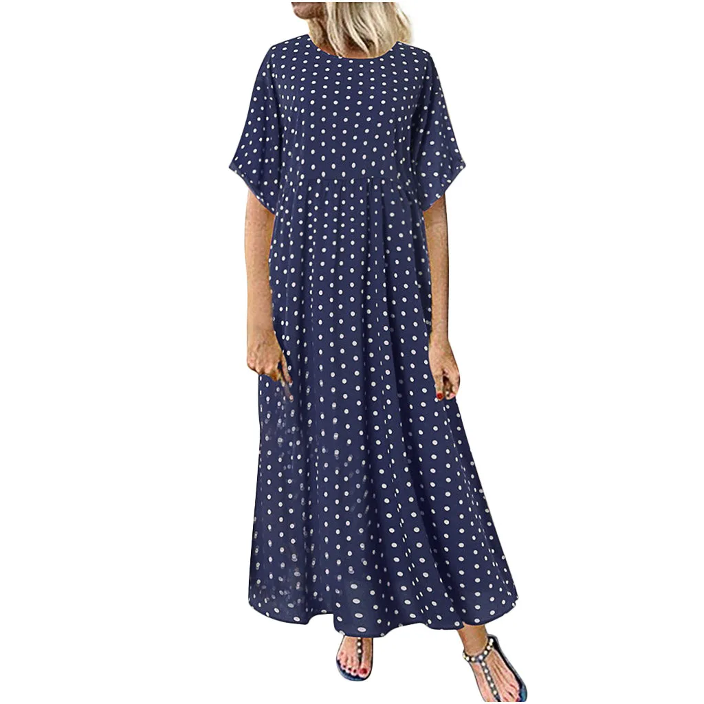 2021 Women Sundress Vintage O-Neck Long Maxi Dress Female Casual Dot Pinted Summer Dress Beach Boho Dresses Vestidos Robe 12