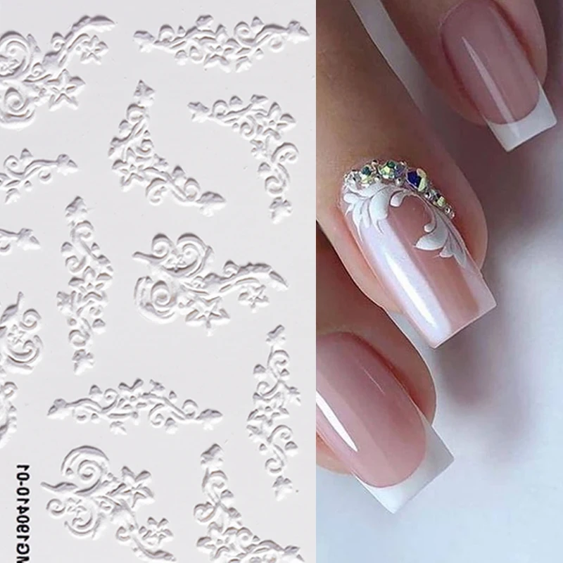 1Sheet White Embossed Flower Lace 5D Sticker Decal Wedding Nail Art Designs Floral Flower Transfer Decal Japanese Geometry nail stickers,nail art decoration,nail decals