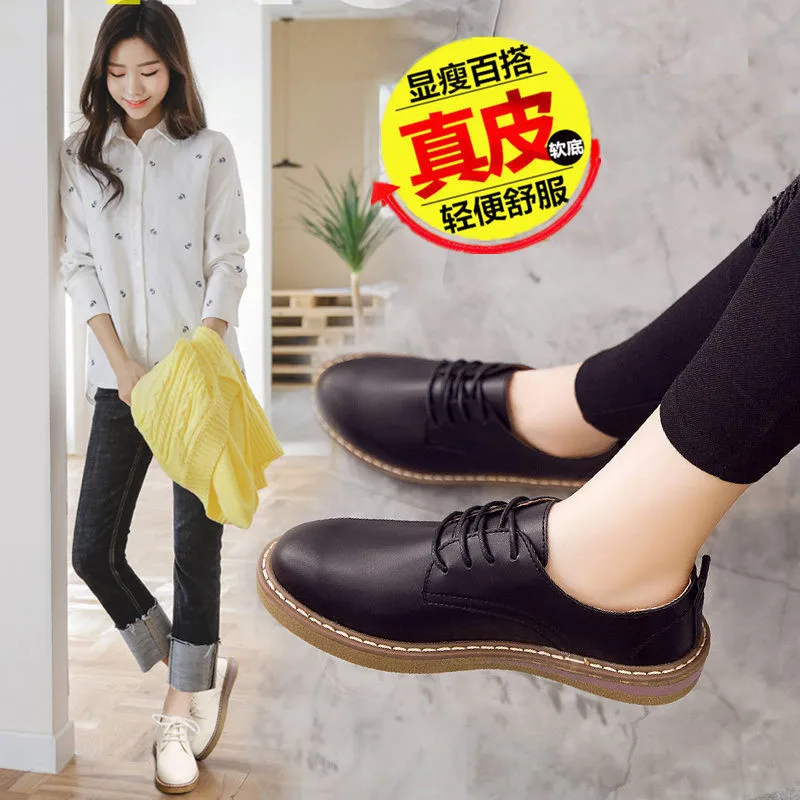

2019 Spring And Autumn New Style Versatile British-Style Small Leather Shoes Women's Rubber Sole Genuine Leather Flat Top Shoes