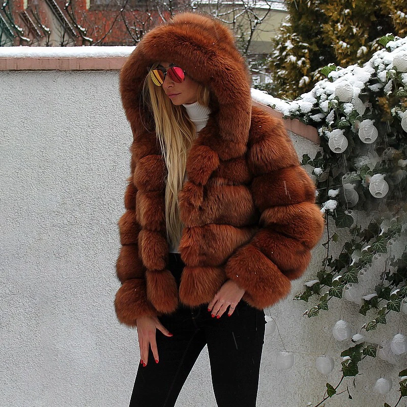 FURSARCAR New Genuine Natural Real Blue Fox Russet Fur Jackets And Coats Women With Hood Fashion Luxury Female Winter Coat