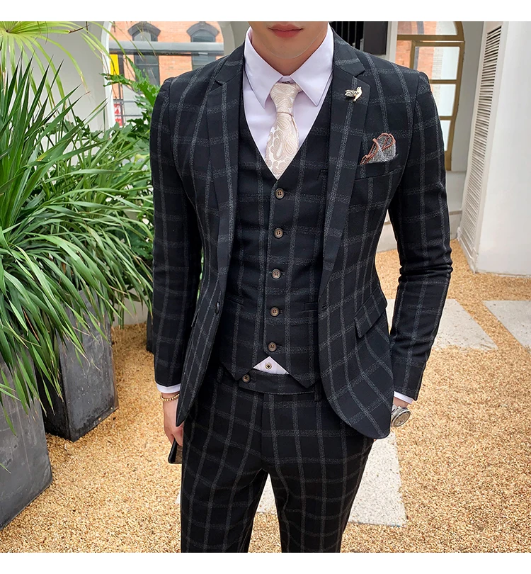 Элегантный Черный, серый цвет Клетчатый костюм «Человек Осень Slim Fit Мужские свадебные костюмы костюм 3 предмета Homme костюмы для торжественных случаев для Для мужчин Q176