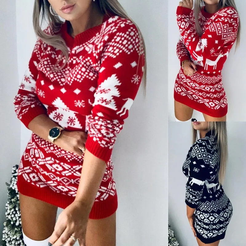 

2020 Autumn winter new knit sweater female Europe and the United States can match Christmas theme knitted long-sleeved dress