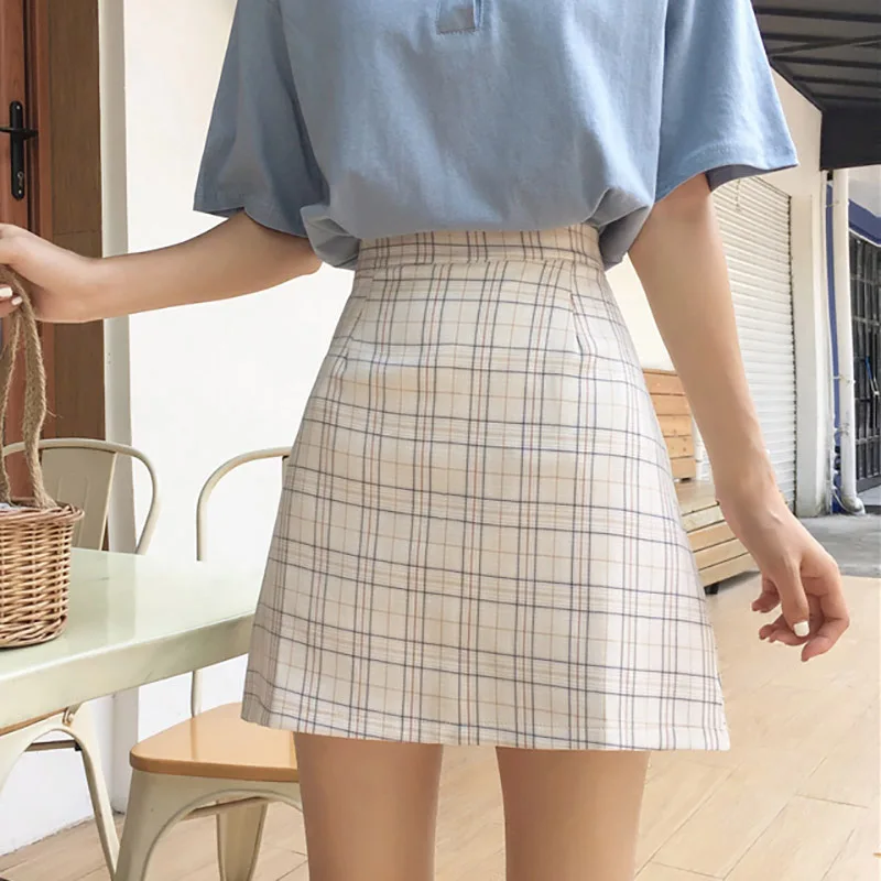 Женские летние повседневные мини-юбки в винтажном стиле с высокой талией трапециевидной формы с принтом в клетку