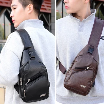 

Fashion Men's Chest Bags Luxury Pu Leather Casual pocket Belt bag Casual Crossbody Bags For men 2020 Design USB Messenger Bag