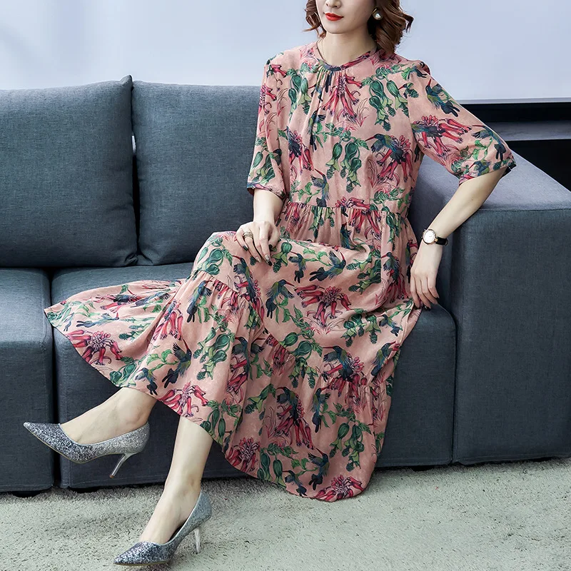 

2020 Spring And Summer New Style Mid-length Middle-aged Women's Mom Elegant Real Silk Large Size Dress Loose-Fit Mulberry Silk
