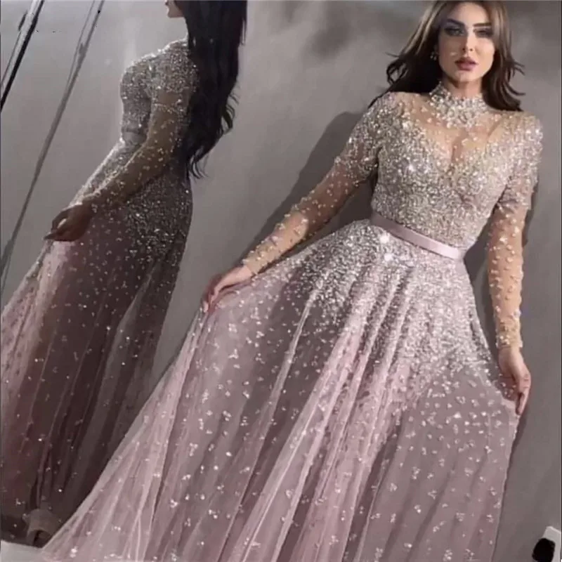 

Evening Dresses A Line 2019 Long Sleeves Sequined Sexy Pink Tulle With Beading Big Size For Women Formal Prom Party Gowns