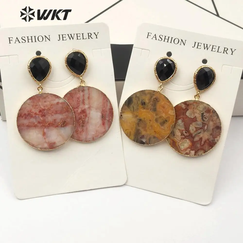 

WT-E562 WKT Gold Bezel Slice Natural Stone Circular Multiple Colors Earrings Women Fashion Earrings Jewelry