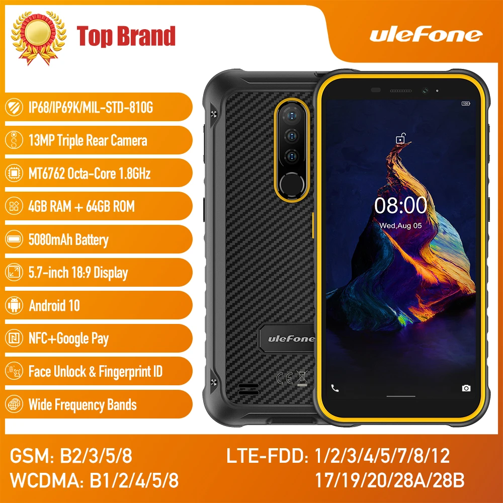 Ulefone Armor X8 Android 10.0 RAM 4GB ROM 64GB Mobile Phone 5.7'' Octa Core IP68 Waterproof Rugged Phone Dual SIM NFC Dual SIM samsung dual sim phone price