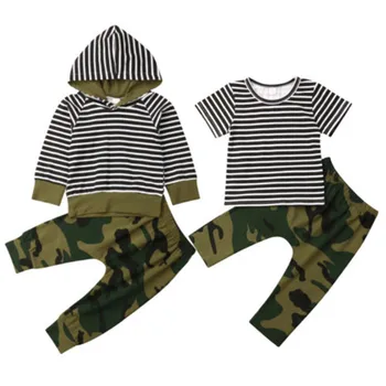 

0-24M Toddler Baby Boy Summer Autumn Clothes Set Lnog Sleeve Striped Hodded Top Camou Printed Pant 2Styles 2Pcs Casual Clothes