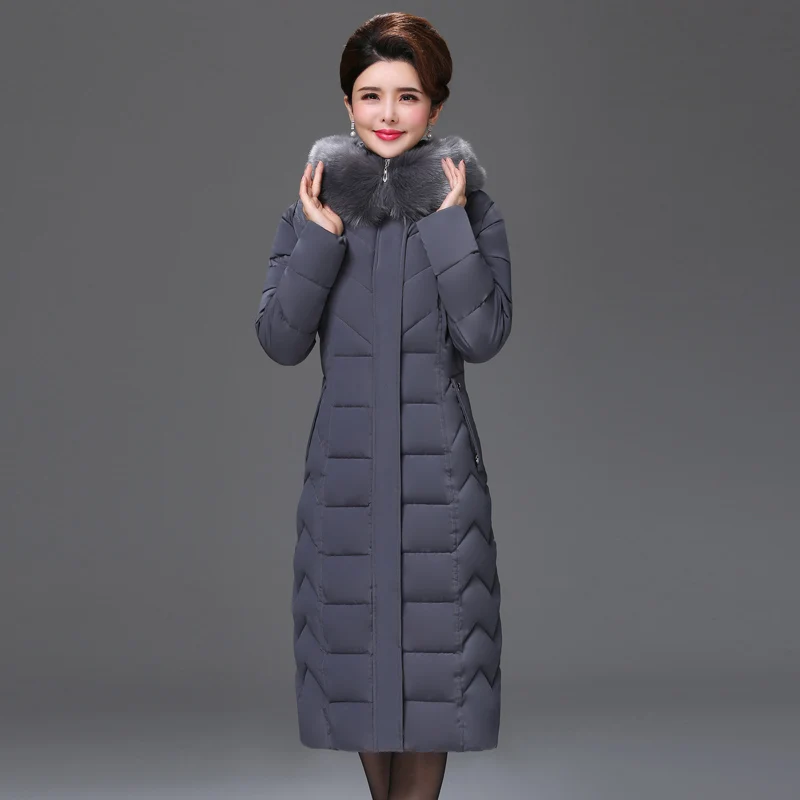 Women Winter Long Down Cotton Jacket Parkas New Ladies Fur Collar Hooded Cotton-padded Coat Female Thicken Outerwear PP144 - Цвет: Серый