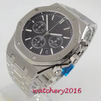 

42MM corgeut black dial watch full sapphire glass stainless steel full Chronograph quartz mens watch