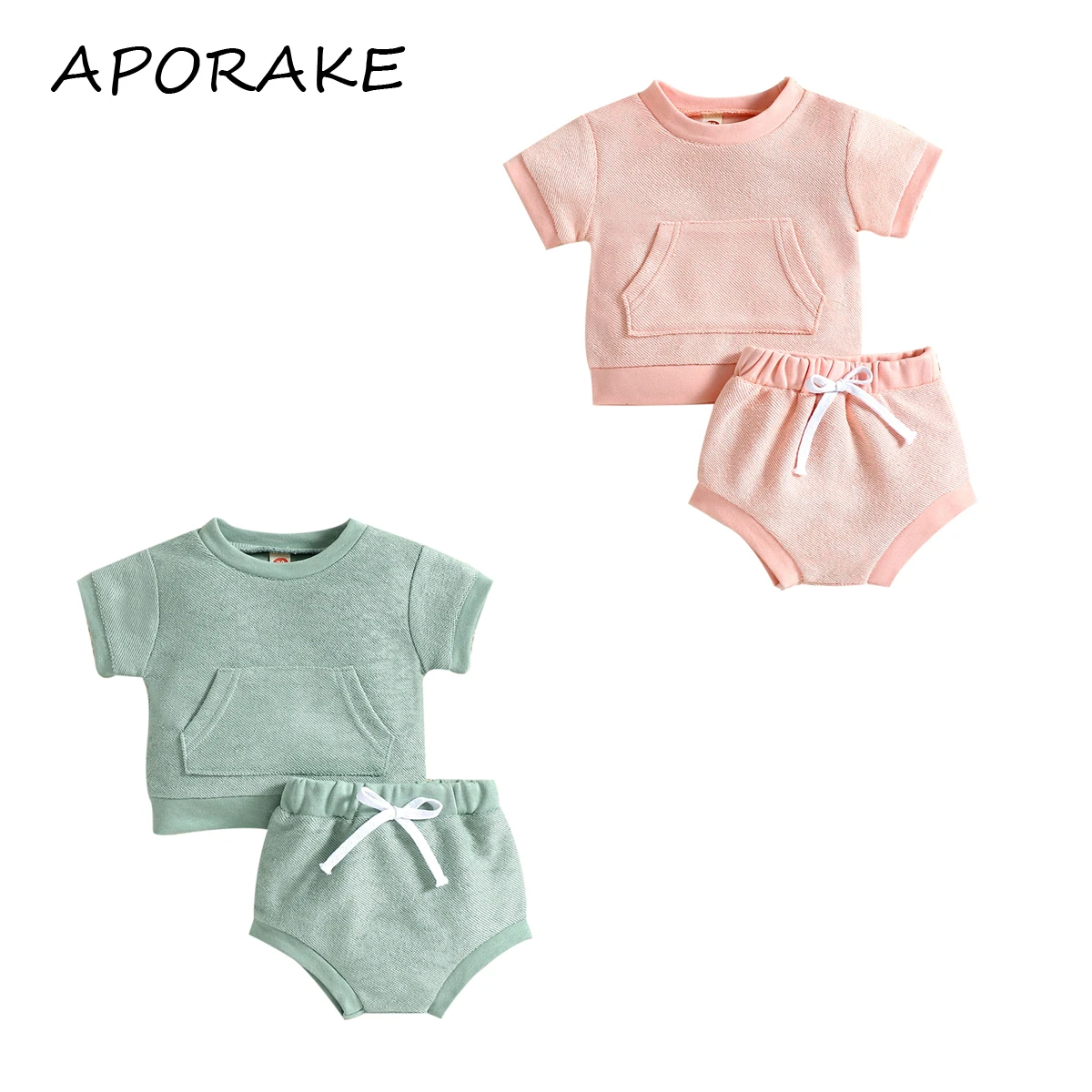 Baby Clothing Set cheap 2022 3-18M Sweet Baby Girl Boy Clothing Set Solid Color Pocket Front Round Neck Short Sleeve+Triangle Shorts Summer Outfits Set Baby Clothing Set