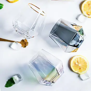 

Creative Geometric Whiskey Glass Diamond Crystal Glass Gold Frame Transparent Coffee Milk Tea Cup Home Bar Couple Glass Cup