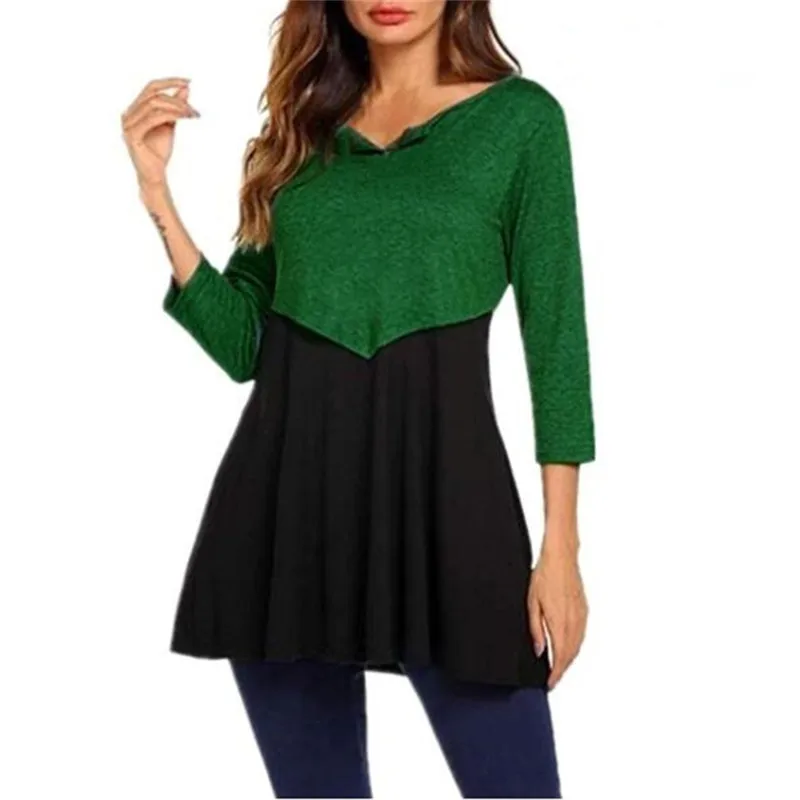 dark green Новинка, женское платье, модное, из кусков, для девушек, рукав три четверти, приталенное, ТРАПЕЦИЕВИДНОЕ, повседневное, свободное, с круглым вырезом, платье для женщин - Цвет: dark green