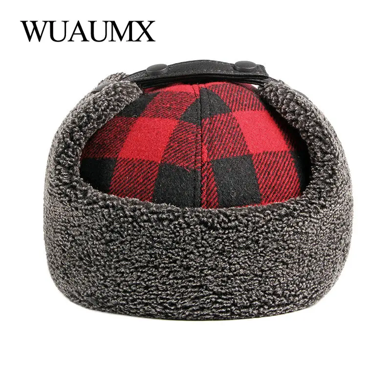 Winter Bomber Hats Men Women Thicken Russian Trapper Hat Earflap Baseball cap Red Black Plaid Windproof
