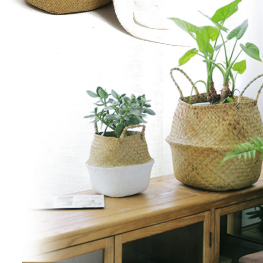 Household Storage Foldable Natural Woven Storage Basket Pot Garden Flower Vase Hanging Wicker Basket Bellied Baskets