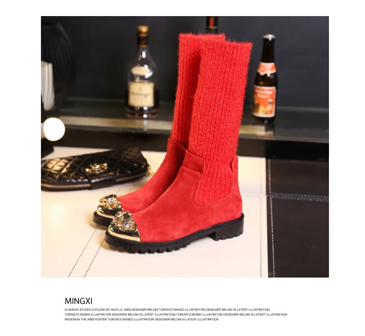 Prova Perfetto; Botas Mujer; зимние вязаные ботинки; обувь до середины икры на плоской подошве с цветными кристаллами; женские эластичные теплые слипоны; Новинка